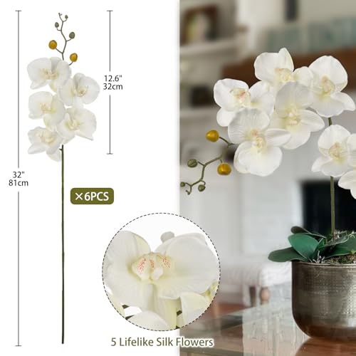 DILATATA 6PCS 32" Artificial Orchid Stems White Butterfly Orchid Faux Phalaenopsis Flowers for Home Wedding Centerpieces Office Table Decorations Real Touch Silk Orchids for DIY Floral Arrangements - color: White