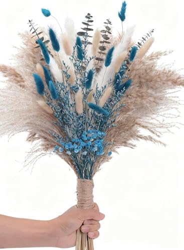 Blue Pampas Grass Bouquet – Blue Dried Baby's Breath, Pampas Grass and Eucalyptus Stems, Dried Flower Arrangements for Boho Decor, Rustic Flowers for Home Decor, Bedroom, and Wedding, Table Decor