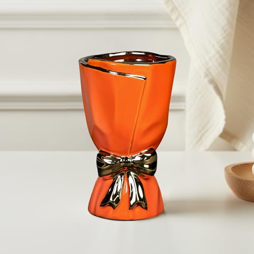 Orange Ceramic Vase with Bow - 7 Inch Small Vase for Home Decor, Modern Flower Vases for Living Room, Nightstand Shelf and Desk Decor, Bookshelf, Dining Table Centerpiece - color: Orange, size: 7 inch