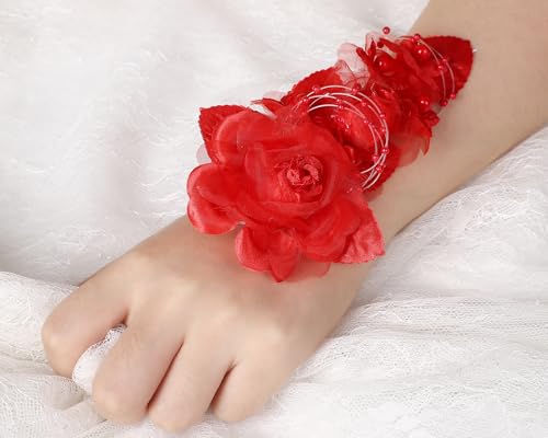Set of 12 Artificial Silk Organza Craft Rose Flower, 12 Corsage Wristlet, 12 Pin Back DIY Boutonnieres for Wedding, Bridesmaids, Groomsmen, Quinceanera, Prom, Sweet 16 (Red) - color: Red