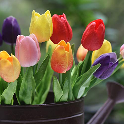 FiveSeasonStuff Real Touch Tulips Artificial Flowers – 15 Stems Faux Tulip Bouquet in Gift Box for Wedding, Home Decor, Party, Floral Arrangements (Rainbow Colors) - color: #9 Rainbow