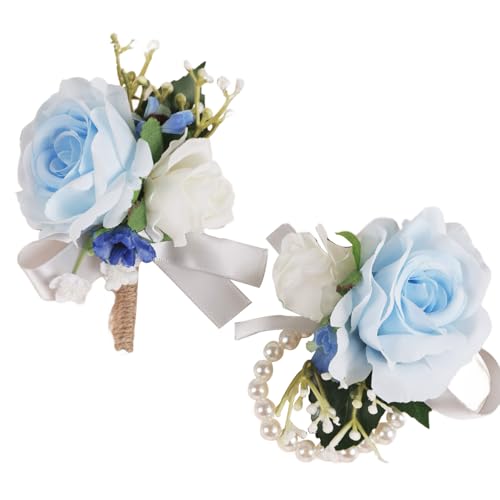 Alizeal 2Pcs of Wrist Corsage and Boutonniere Set, Artificial Flowers Accessories Suit Decor for Wedding Prom Party Homecoming Ceremony, Blue+White - color: 701-blue+white