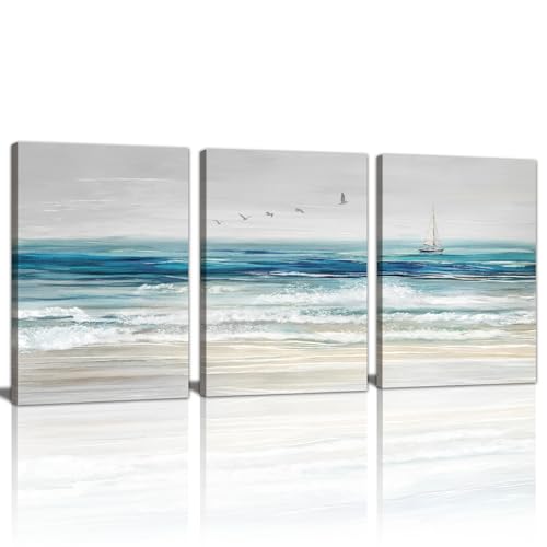 WENGTIAO Abstract Ocean Wall Art Set of 3 Blue Beach Canvas Paintings Minimalist Coastal Prints Pictures Sail Boat Home Decor Seascape Artwork for Living Room Bedroom Hallway 12”x16”x3Pcs - color: Abstract Blue Ocean, size: 12"x16"x3Pcs
