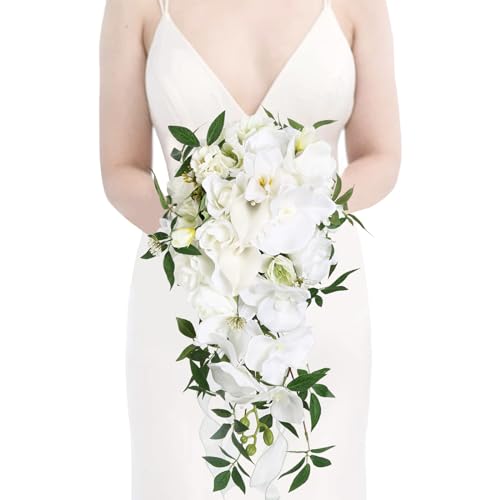 Bridal Bouquets for Bride,10 Inch White Wedding Bouquets for Bride for Ceremony Anniversary Wedding Bridal Shower(White Green) - color: White Green