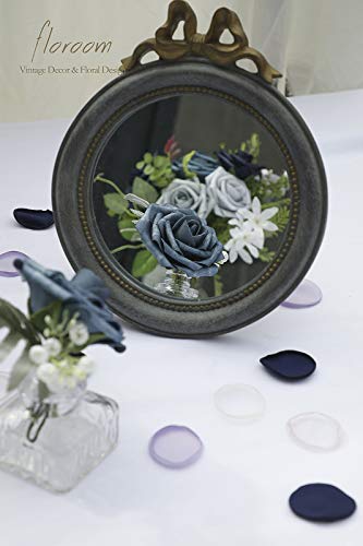Floroom Artificial Flowers 25pcs Real Looking Dusty Blue Ombre Colors Foam Fake Roses with Stems for DIY Wedding Bouquets Bridal Shower Centerpieces Floral Arrangements Party Tables Home Decorations - color: Shades of Blue