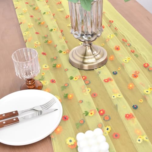 Joanlody 3pcs Yellow Embroidery Daisy Spring Summer Table Runner Florals Seasonal Easter Tulle Table Runner Holiday Kitchen Dining Table Decoration Wedding Party - color: Yellow, size: 10ft x 3pack