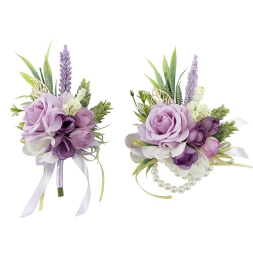 2 Pcs Wrist Corsage and Boutonniere Set, Lavender Purple Corsage for Wedding, Boutonniere for Men Artificial Rose Flower Wristlet Bracelet Prom Ceremony Anniversary Accessories Decor Suit - color: Lavender Purple