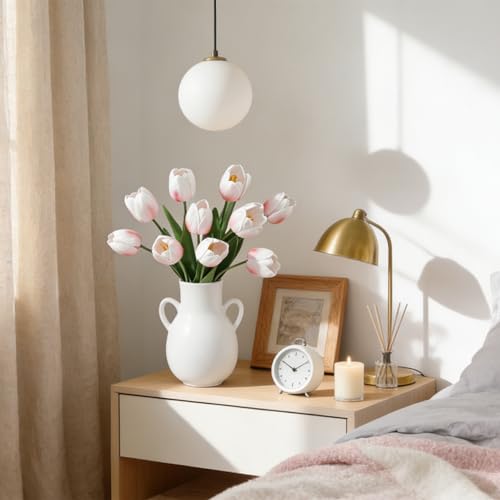 Blush Pink Fake Tulips,18.5" PU Artificial Tulips Flowers for Spring Easter Home Kitchen Wedding Bouquet Bulk Mother's Gift Day Decorations - color: Blush Pink