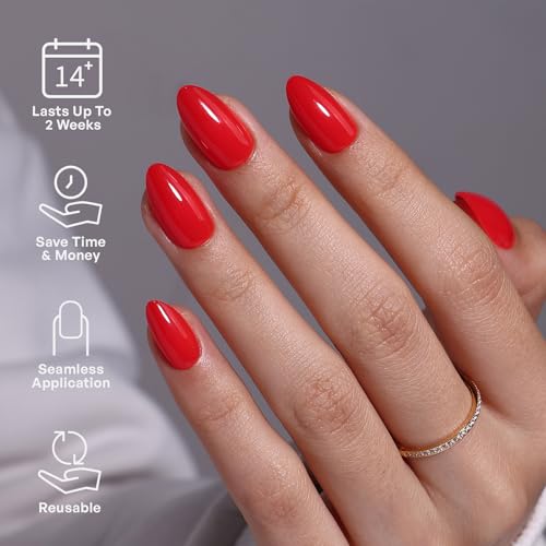 32Pcs Soft Gel Press on Nails for Women, Bright Red, Short Almond | Solid Color Glossy False Fake Nails Press Ons for Office Daily Wear, Salon Quality Reusable Glue & Stick on Nail Gift Kit - color: 3G-Bright Red