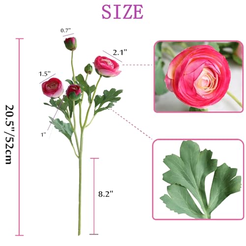 5PCS Artificial Ranunculus Flowers with Silk Flower Real Touch Stem Spray for Home Garden Office Decoration Wedding DIY Arrangements (Rose red) - color: Rose Red