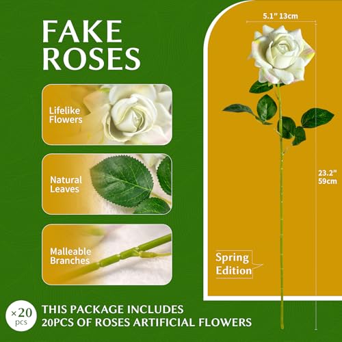 Artificial Flowers Artificial Roses Fake Roses 23.2In Long Stem Artificial Flowers for Tall Vase Silk Rose Suitable for Wedding Party Decor Valentine's Day DIY Bouquet Spring 20PCS (Green) - color: Green