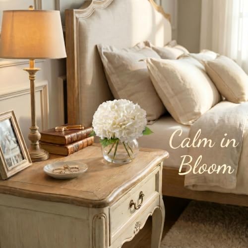 Hydrangea Artificial Flowers with Vase, Real Touch Latex Fake Hydrangeas Spring Stem Leaves Bouquet with Faux Water, Realistic Faux Flower for Home Office Bedroom Table Centerpiece Decor White - color: White