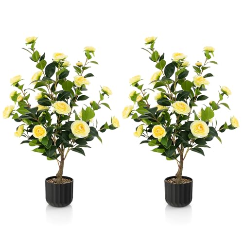 DREAMADE Artificial Camellia Tree Set of 2, 38” Tall Potted Plants Artificial Decoration w/Cement Pot, 24 Flowers, Decorative Bonsai, Faux Plant Greenery for Indoor Living Room Office Dining Room - color: Yellow,2