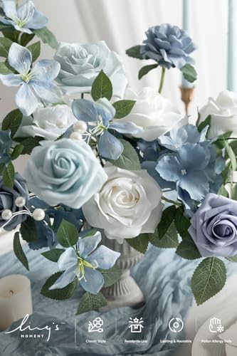 Ling's moment Fake Flowers Box, Faux Artificial Greenery Stems Foam Roses Silk Hydrangea Rose Leaf Fabic Flower for Centerpieces Bouquet Wedding Vase Decorations, Dusty Blue & White, Deluxe Combo - color: Blu-dusty Blue & White, size: Deluxe