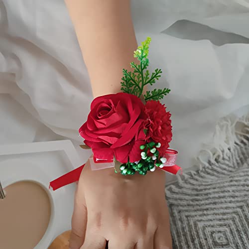 Jilukibo Red Corsage and Boutonniere Set Prom Suit, Artificial Rose Flower Bridesmaid Wrist Corsage Wristband for Groom Groomsmen, Bride Bridal Hand Ribbon Bracelet for Wedding Party Decor (2 Pack)