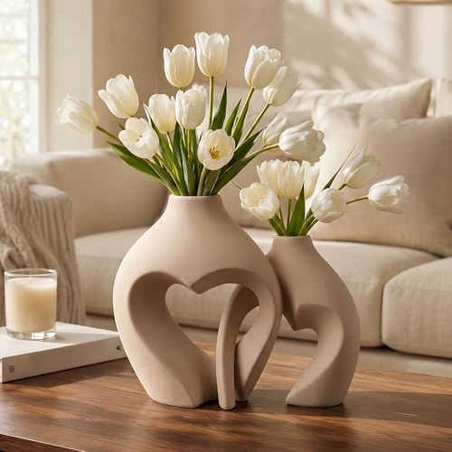 Brown Ceramic Flower Vases Home Decor Heart Shaped Vase Set of 2 Nordic Heart Shaped Vases, Minimalist Decorative Vase for Table Centerpiece Wedding Dining Living Room Office House Decoration - color: Brown