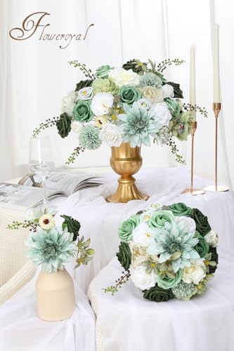 Floweroyal Artificial Flowers Combo Green Flowers Mix Silk Flowers Dahlia Roses with Stems for DIY Wedding Bridal Bouquets, Baby Shower, Floral Arrangement, Table Centerpieces, Home Decorations. - color: Forest Green