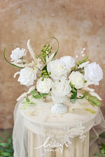 Ling's moment Fake Flowers Box, Artificial Faux Greenery Stems Silk Roses Foam Berries for Wedding Bouquets Centerpieces Decorations Backyard Floral Arrangement, White & Olive Green, Mini Combo - color: White & Olive Green