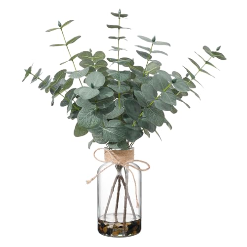 15.74” Artificial Eucalyptus Stems in Glass Vase with Faux Water & Natural Stones, Lifelike Fake Greenery for Modern Farmhouse Home Decor, Bathroom Decor, Office Desk Centerpiece - color: Sl-0973