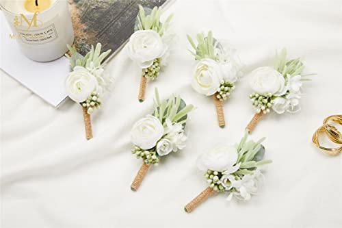 6Pcs Faux Silk Boutonnieres for Men, Ivory and Greenery for Wedding | Artificial Boutonniere for Wedding Anniversary Homecoming Prom Formal Party Engagement Graduation for Groom and Groomsmen - color: White3# Boutonniere(6 Piece)
