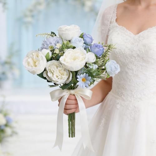 Bundles Artificial Peonies, 24 Bundles Silk Dusty Blue White Peonies with Stems Faux Peony Bundles for Summer Wedding Bouquet Home Bridal Baby Shower Party Centerpieces Vase Office - color: Dusty Blue & White