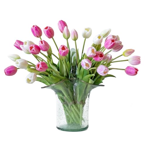 DUYONE 40Pcs Artificial Tulips Flowers, Soft Touch Realistic Latex Tulips Bouquet for Home Office Wedding Party Garden Decor, Fake Flowers for Dining Table Living Room Spring-B Peachblow Set - color: B Style-40pcs Peachblow Set(no Vase)