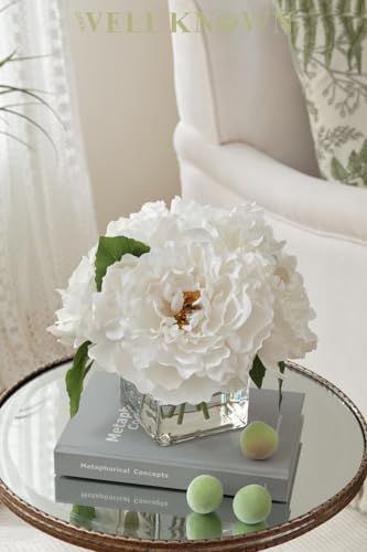 Artificial Peonies Flowers Arrangement in Cube Glass Vase, WELLKNOWN Ivory White Silk Flowers Centerpiece for Home Party Wedding Dining Coffee Table Decor, Faux Peony Flower Bouquet with Fake Water - color: Ivory White