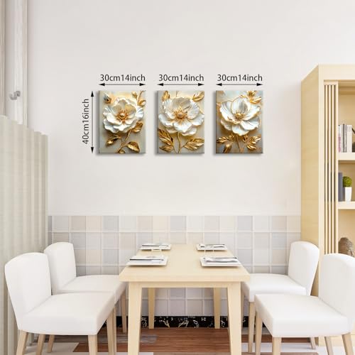 WENGTIAO Modern White Floral Golden Leaves Canvas Wall Art Set, Neutral 3d Flowers Wall Painting Pictures Boho Beige Blossom Wall Decor Posters Print Artwork for Bedroom Living Room Office 12x16x3Pcs - color: Flower-golden leaf, size: 12"x16"x3Pcs