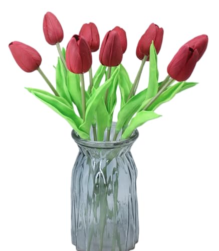 Artificial Flowers 10 Heads Mini Real Touch Artificial Tulip for Home Wedding Party Centerpiece Decoration (Burgundy) - color: Burgundy