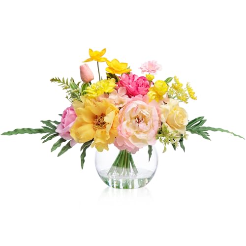 WELL KNOWN Artificial Flowers Centerpieces in Glass Vase with Fake Water, Yellow & Hot Pink Silk Rose Peony & Fake Tulips Bouquet for Birthday Party Wedding Dining Table Office Decor & Mom's Gift - color: Yellow & Hot Pink Plus