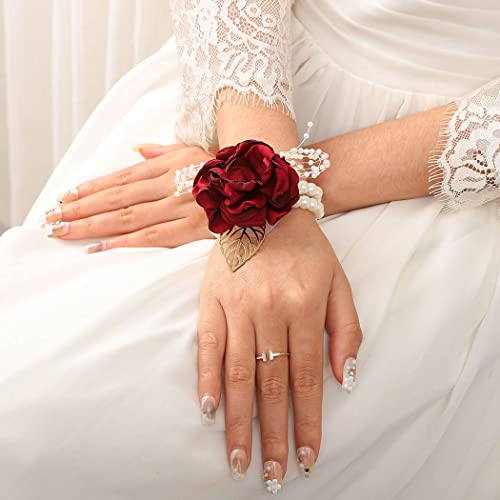 Wedding Bride Rose Wrist Corsage Red Bridesmaids Silk Wrist Flower Flowergirl Hand Floral Decor Bridal Prom Party Accessories for Women and Girls (A- Red) - color: A- Red