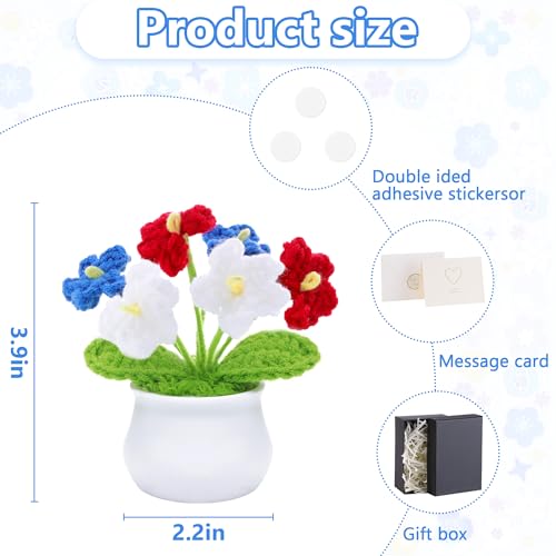 LAIDANLA Patriotic Crochet Flowers Forget Me Not Potted Plant, Handmade Red White Blue Knitted Flower Veterans Day Appreciation Gifts, 4th of July Desk Decorations for Women Teacher Coworker - color: Red, White, Blue