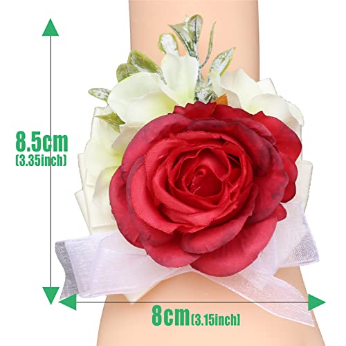 Red Rose Wrist Corsage Bracelets, 6 Pack Artificial Flower Hand Wrist Corsages with White Sheer Ribbon Pearl, Wedding Bridal Bridesmaid Wrist Flower for Prom Party Anniversary Wedding Decor - color: 6red, size: six (flower)