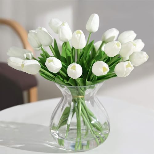 Tulips Artificial Flowers 20 Pcs White Fake Tulip Stems Real Touch PU Tulips for Easter Spring Wedding Bouquet Home Centerpiece Floral Arrangement Table Décor