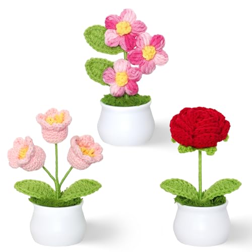 Weldomcor Crochet Flowers Cute Potted Plants Fake Knitted Flower Mini Flowers for Desk Office Car Dashboard Window Home Decor, Gift for Teachers Graduation Anniversary Birthday - color: Puff+rose+lily of the Valley