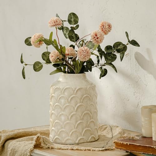 Ceramic Flower Vase, 7.28” Rustic Farmhouse Decorative Vase for Home Decor, Beige Textured Pottery Vase for Pampas Grass, Living Room, Entryway, Mantel, Kitchen Table, Centerpiece - color: 201-white