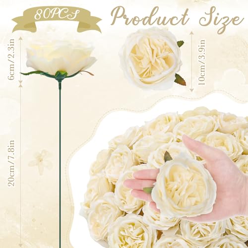 Suncalla 80 Pack Austin Rose Peonies, 3.94 Inch Artificial Flowers Heads Bulk with Stems Leaves for Arrangement Wedding Centerpiece Banquets Party Home Kitchen Decor DIY(Light Champagne) - color: Light Champagne
