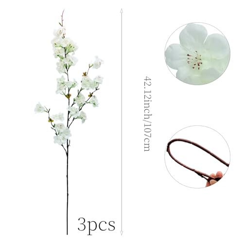 3PCS Artificial Cherry Blossom Flowers Branches 42" Long Stem White Silk Cherry Blossom Tree Faux Cherry Blossom Tall Fake Flower Arrangement for Spring Summer Wedding Indoor Outdoor Decor