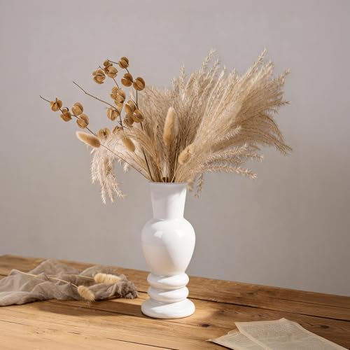 Small White Glass Vase 8 Inch, Modern Farmhouse Bud Vase for Easter Table Centerpiece, Vintage Flower Vase for Fresh or Artificial Flowers, Spring Home Decor, Wedding Party Favors - color: White