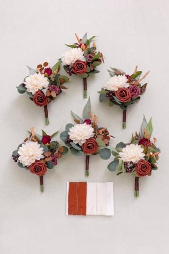 Laelfe 12 PCS Artificial Flowers Roses Silk Flowers Fake Long Stem Artificial Roses for Home Wedding Bathroom Kitchen Decorations(Brown Orange) - color: Brown Orange