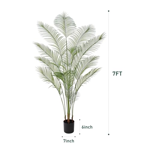 Artificial Palm Tree 7FT Tall Faux Palm Tree Indoor Fake Plants Faux Tropical Plant, UV Resistant & Maintenance Free Indoor/Outdoor Fake Tree in Pot for Home Office Living Room Patio Decor - style: 7FT Fine Leaved