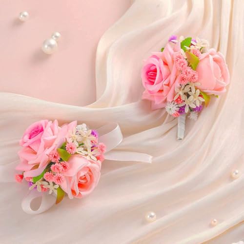 Campsis Corsage Boutonniere Set Coral Pink Wrist Corsage Groom Boutonnieres for Wedding