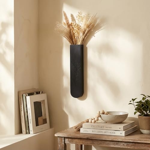 Wood Wall Vase Set of 2, 11.6 x 2.52 x 1.37 inch for Dried Flowers and Faux Greenery Plants for Bathroom,Kitchen,Farmhouse,Dining Room Wall Decor （Black - color: Black
