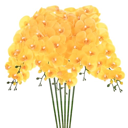 M METERXITY 6-Pack Artificial Orchid Flowers 9 Large Petals 37 Inch Faux Phalaenopsis Silk Bouquets Real Touch Yellow Fake Orchids for Home/Wedding/Christmas/Party/Garden Office - color: Yellow