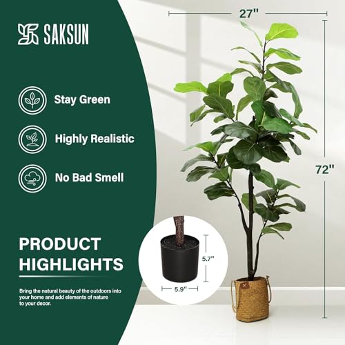 Artificial Fiddle Leaf Fig Tree: 6FT Faux Ficus Lyrata Tree Artificial Plant Indoor Outdoor Tall with Realistic Long Lasting Color Leaves in Pot - Low Maintenance Fake Fig Tree for Home Office Decor - color: Ficus Tree, size: 8in