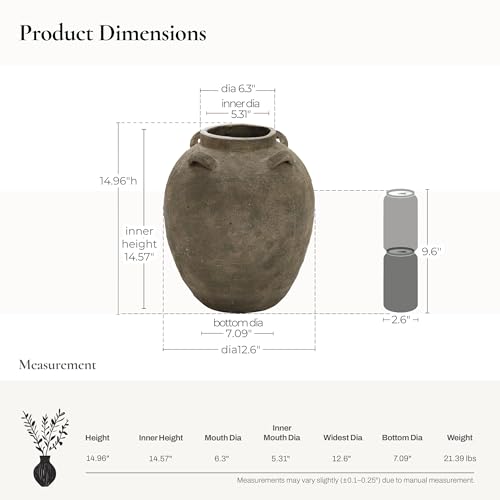 LuxenHome Rustic Ceramic Flower Vase,15 Inch Tall Brown Terracotta Cauldron Vase for Living Room Decor，Large Floor Vase Home Décor Accents,Round Vintage Pottery Vases Home Decor - size: Large