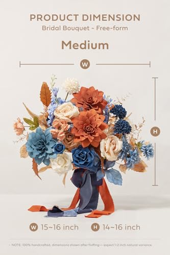 Ling's moment Blue and Orange Wedding Bouquets for Bride, Navy Orange Bridal Bouquets for Bride, 15 Inch Free Form Artificial Wedding Flowers Bouquets - color: Or-burnt Orange & Navy, size: Medium 15 Inch
