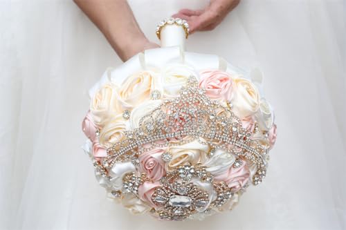 Handmade Satin Rose Water Drop Bridal Bouquet,8.7inch Crystal Wedding Round Tossing Bouquet,Jewelry Proposal Bridesmaid Bouquet Groom Corsage Bride Wrist Flower Ivory (Champagne Ivory) - color: Champagne Ivory