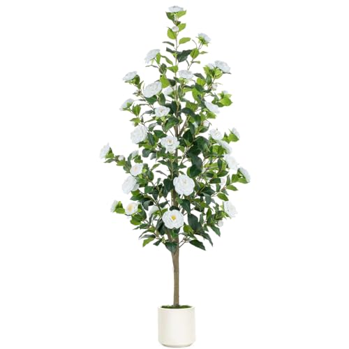 BLOSMON Artificial Trees for Home Decor: Indoor 4.9ft Tall Fake Plants Outdoor Camellia Flowers Tree for Front Porch - Faux White Rose Plant with Pot for Living Room Door Patio Deck Yard - color: White Camellia