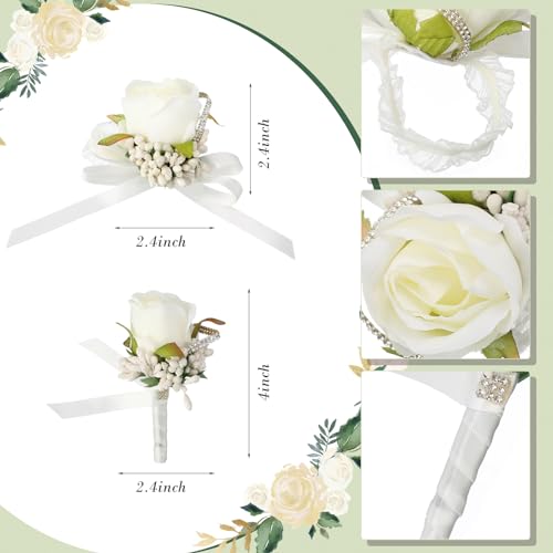Geosar 20 Pcs Wedding White Corsage and Boutonniere Set Homecoming Artificial Corsage Wristlet and Boutonniere for Men Women Bride Bridesmaid Wedding Flowers Accessories Prom Suit Decorations - color: White
